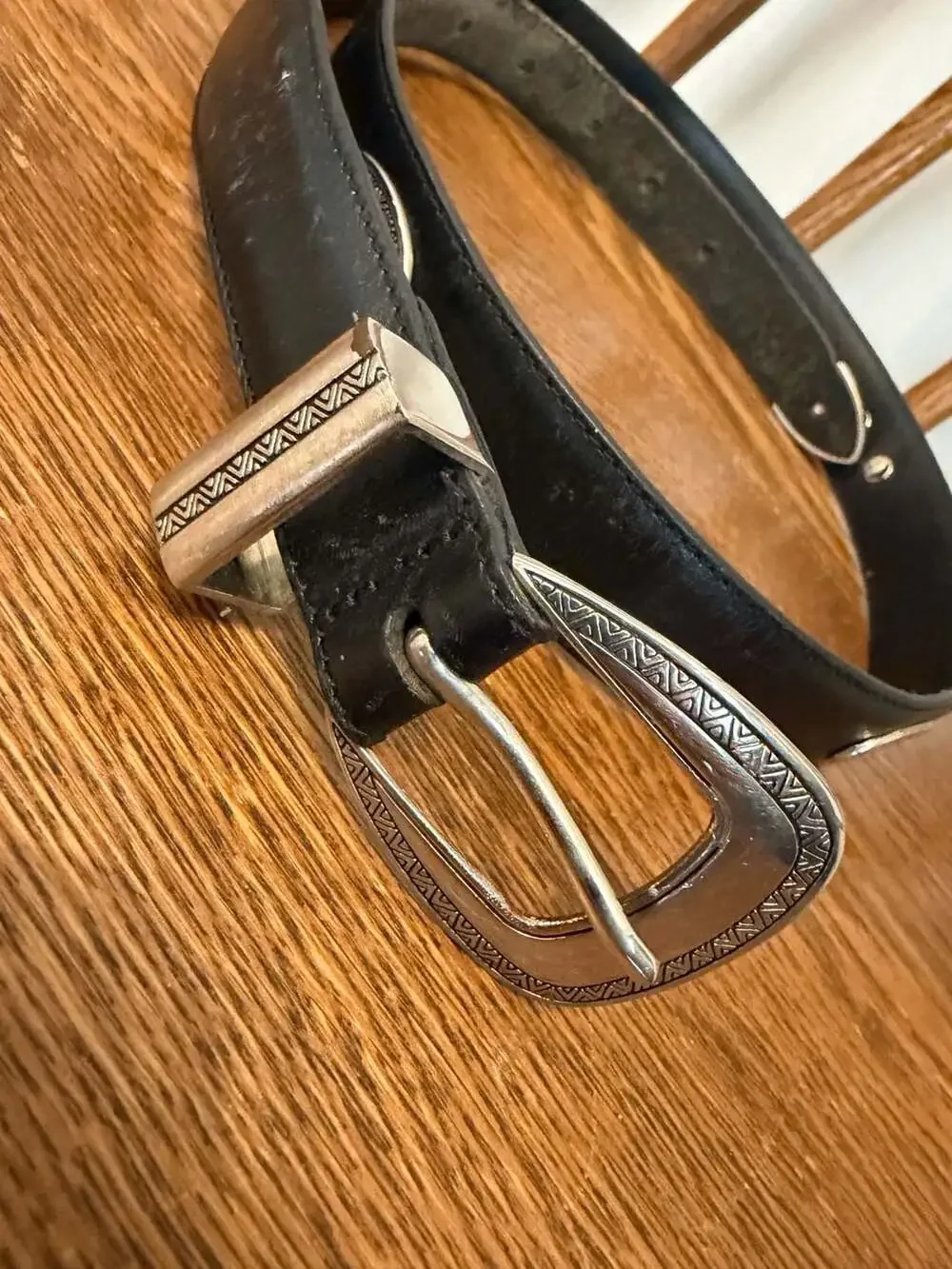 Vintage Black Leather Belt with Silver Tone Concho Medallions and Etched Buckle
